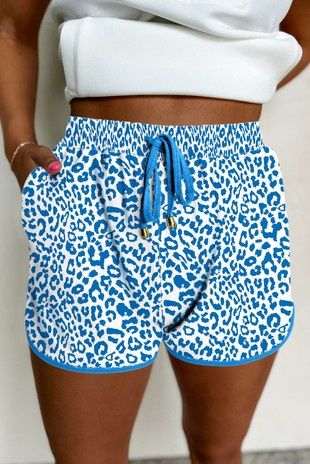 Leopard Elastic Waist Lace Up Contrast Trim Shorts, Color: Blue Leopard, Size: S