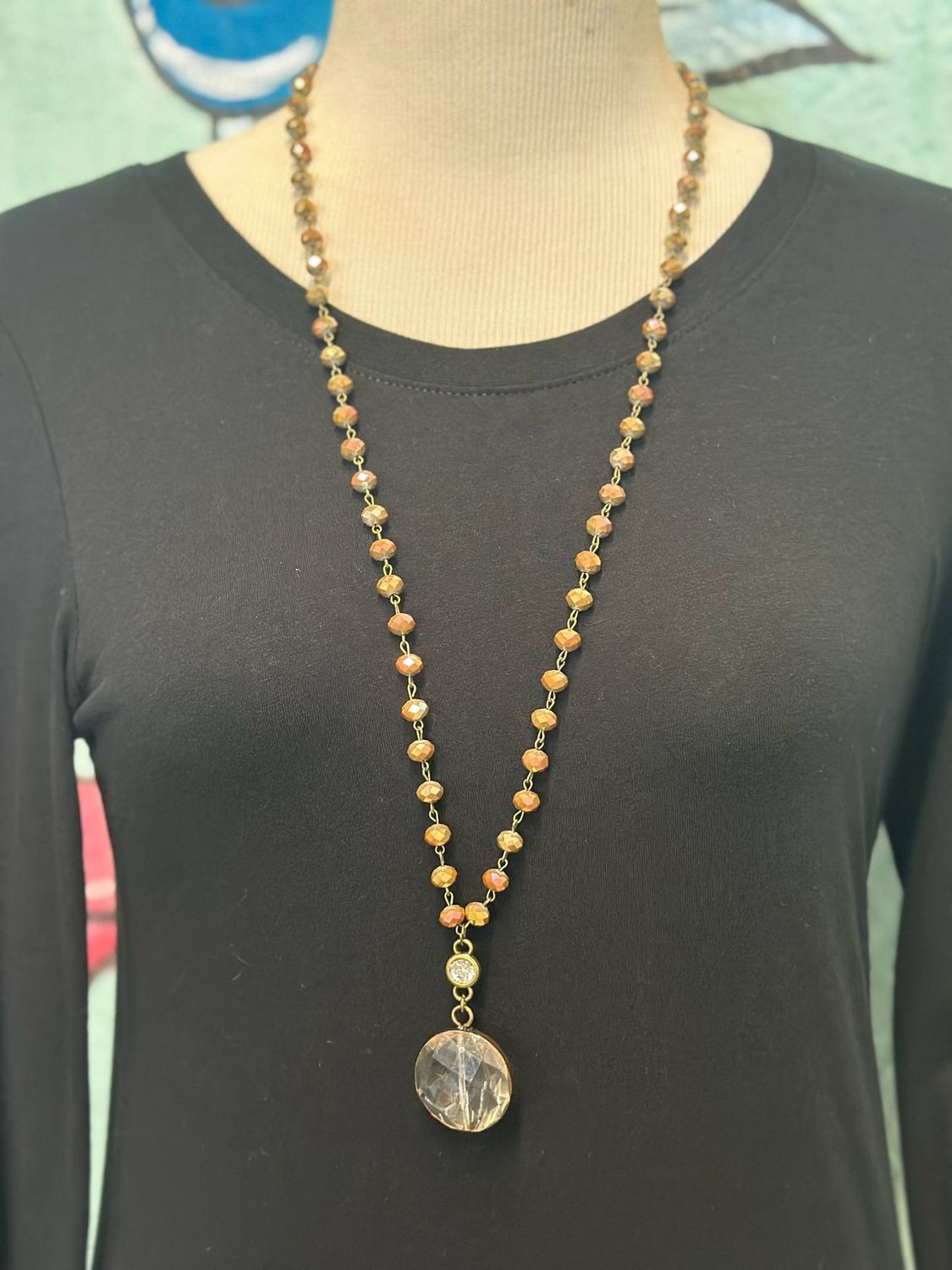Round Clear Crystal Bronze Necklace