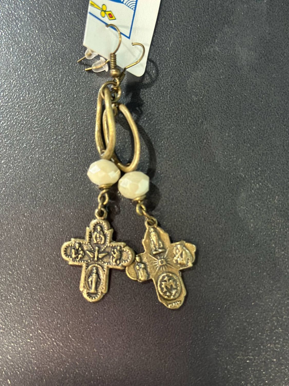 Bronze Cross with White Bead Earring