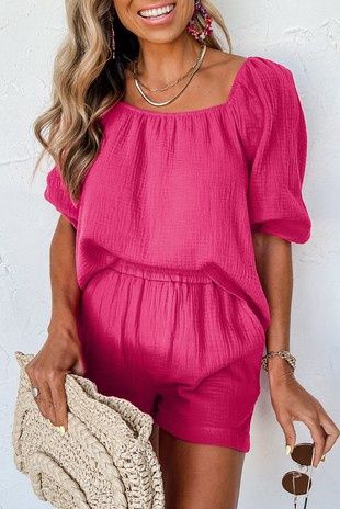 Textured Square Neck Puff Sleeve And Shorts Set