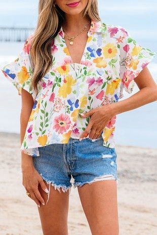 Floral Boxy Fit Ruffled Short Sleeve V-Neck Blouse