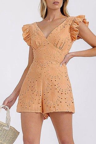 Ruffle Sleeve V-Neck Smock Eyelet Romper