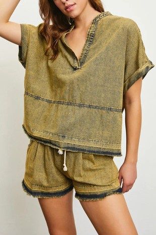 Acid Wash V- Neck  Top