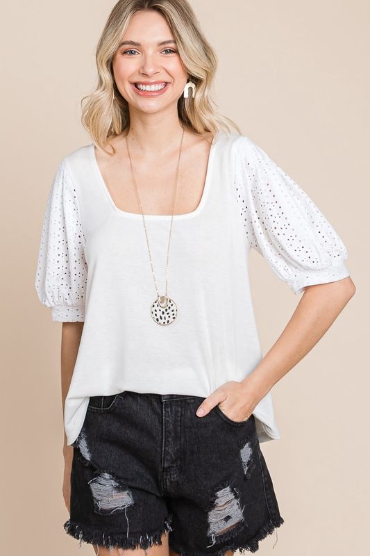 Eyelet Bubble Sleeves Solid Knit Top