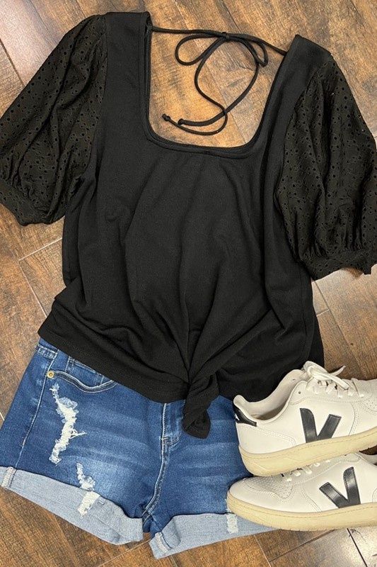 Eyelet Bubble Sleeves Solid Knit Top, Color: Black, Size: Small