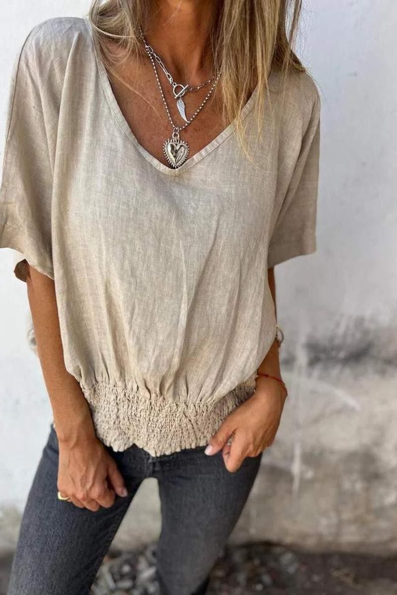 Shirt Women V-Neck Casual Cotton Linen Top