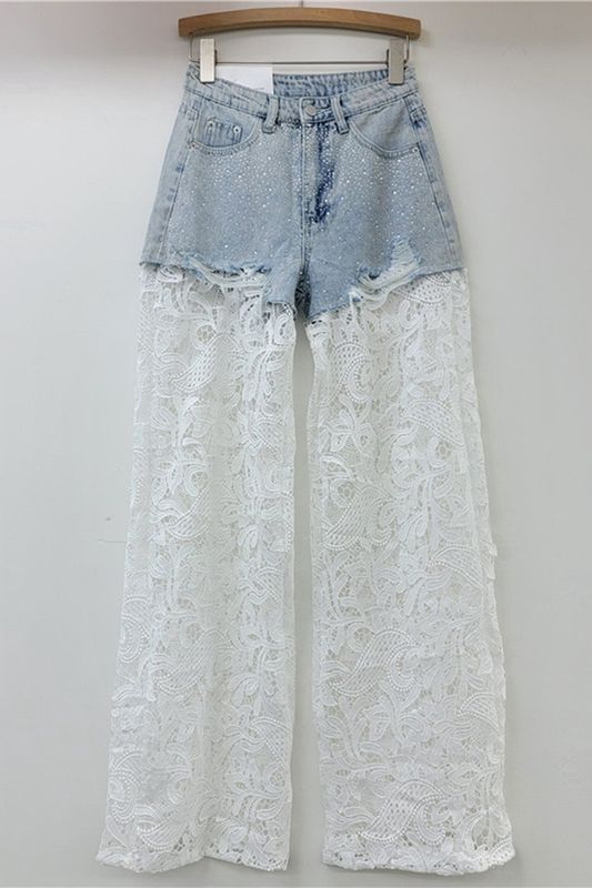 Denim Lace Patchwork Wide-Leg Pants