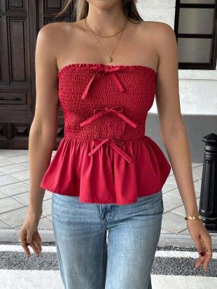 Ruched Bustier Ruffle Bow Tie Crop Top