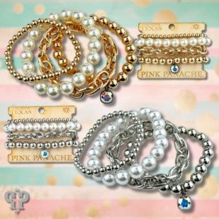 Pearl Bead And Shiny Metal Bracelet Stack ,Austrian Crystal