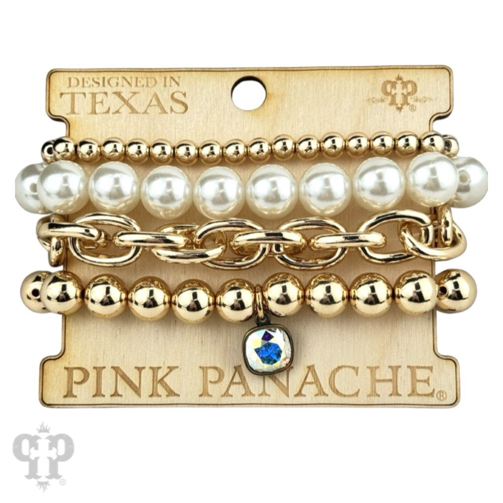 Pearl Bead And Shiny Metal Bracelet Stack ,Austrian Crystal, Color: Gold
