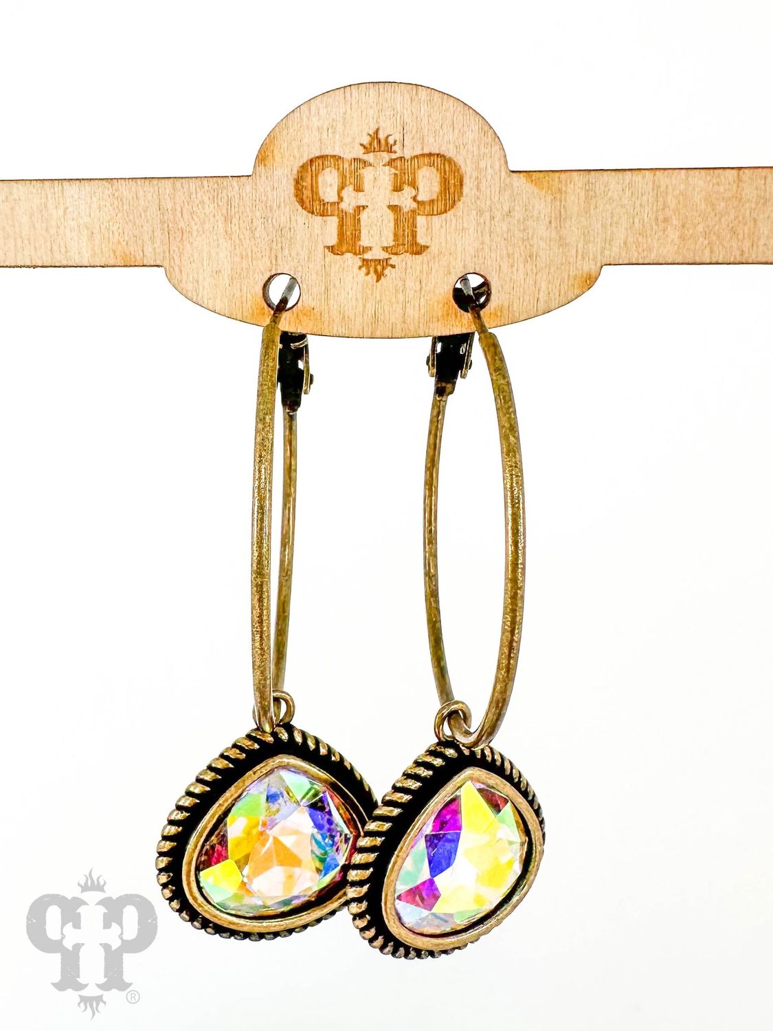 Rope Edge Teardrop Crystal Hoop Earring, Color: A/B Bronze, Size: O/S
