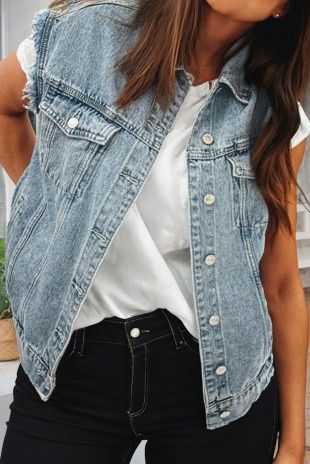 Button Flap Pocket Frayed Detail Denim Vest