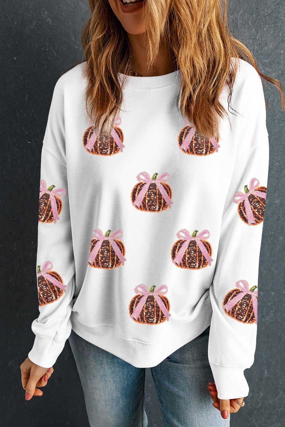 Sequin Bow Pumpkin Patched Cotton Sweatshirt