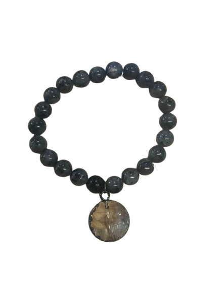 Grey Beaded Bracelet with Round Crystal Charm