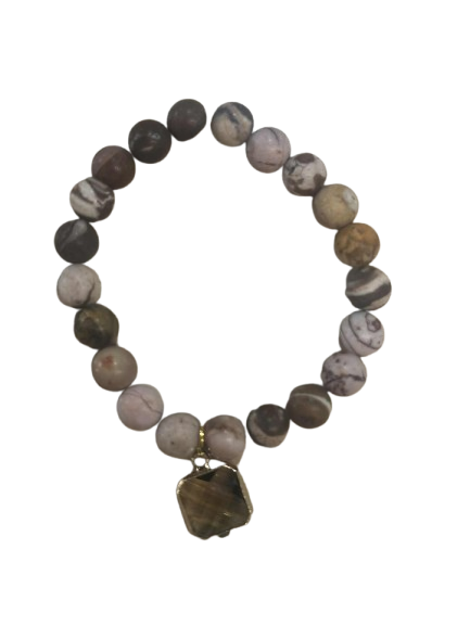 Natural Brown Beaded Bracelet with Square Charm