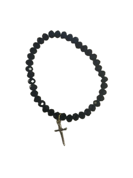 Black Beaded Bracelet with Gold Cross