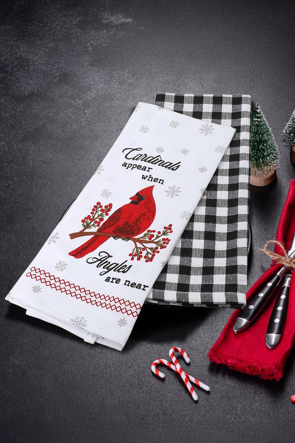 2Pcs Christmas Cardinals Gingham Kitchen Towel Set