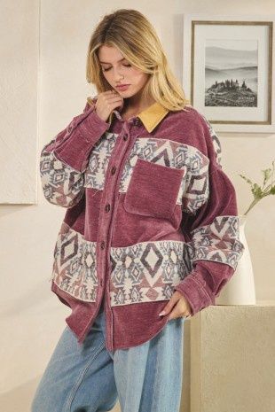 Washed Aztec Fabric Mix Button Down Shirt