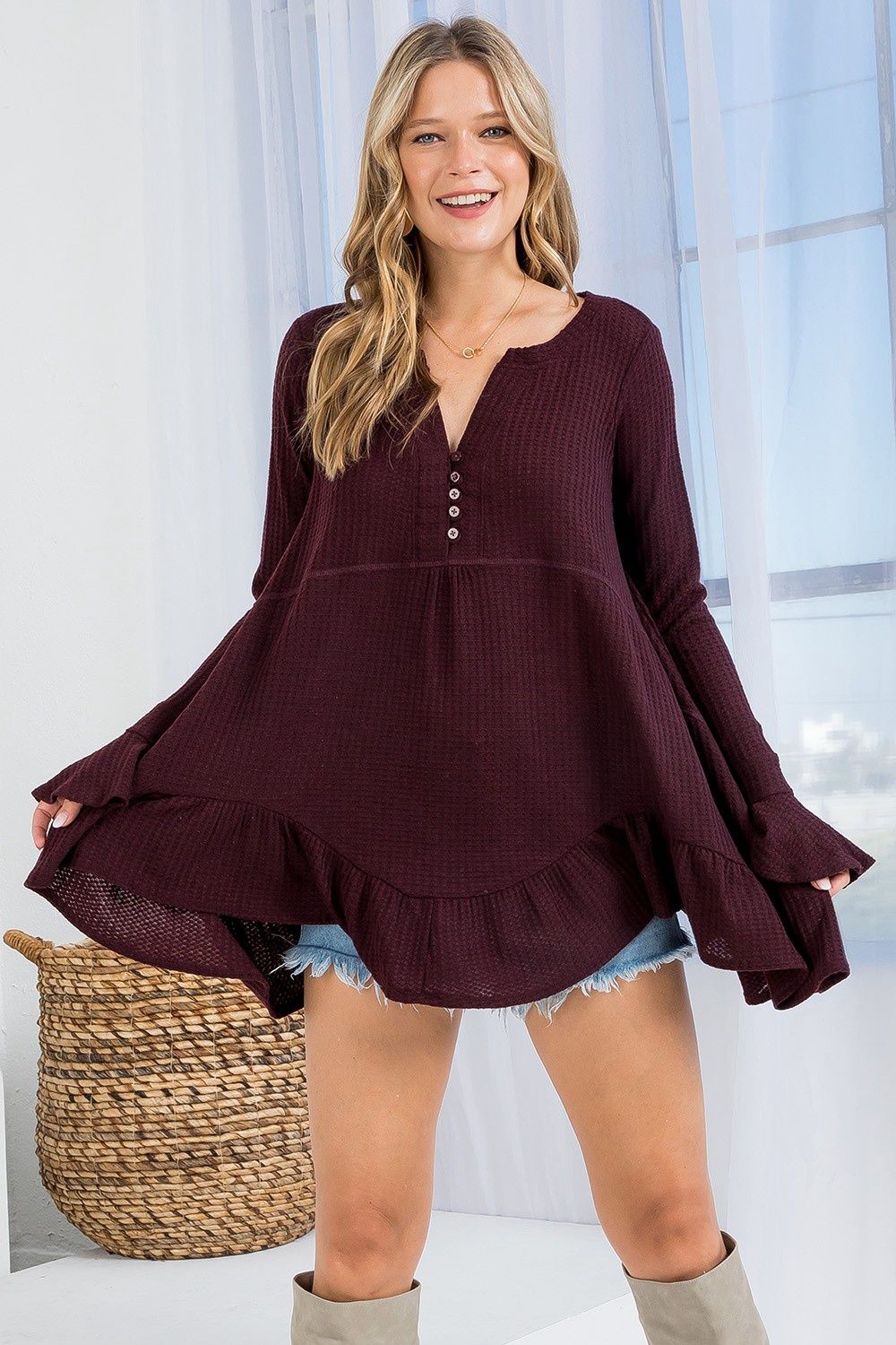 Waffle Knit Flare Top