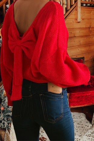Bow Backless Bubble Sleeve Festive Sweater