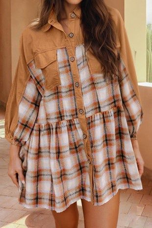 Color Block Patchwork Ruffle Hem Tunic Shirt Dress