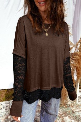 Brown Sheer Lace Patchwork Casual Long Sleeve Top