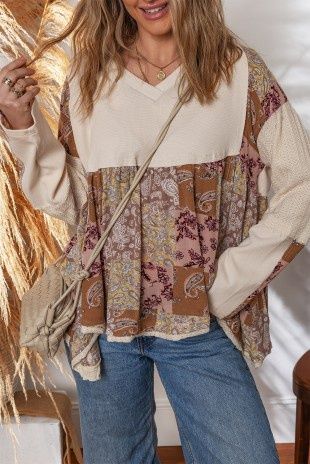 Print Contrast Patchwork Long Sleeve Loose Top