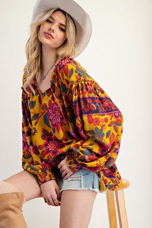 Plus Size - Border Printed Rayon Challis Woven Top