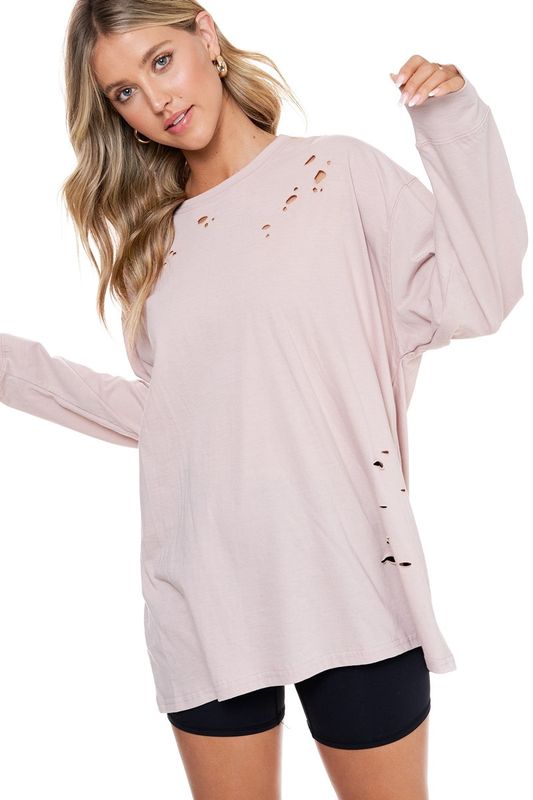 Oversized Basic Distressed Long Sleeves Top