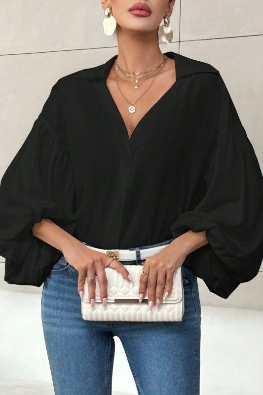 Loose V-Neck Lantern Sleeves Chic Collar Blouse