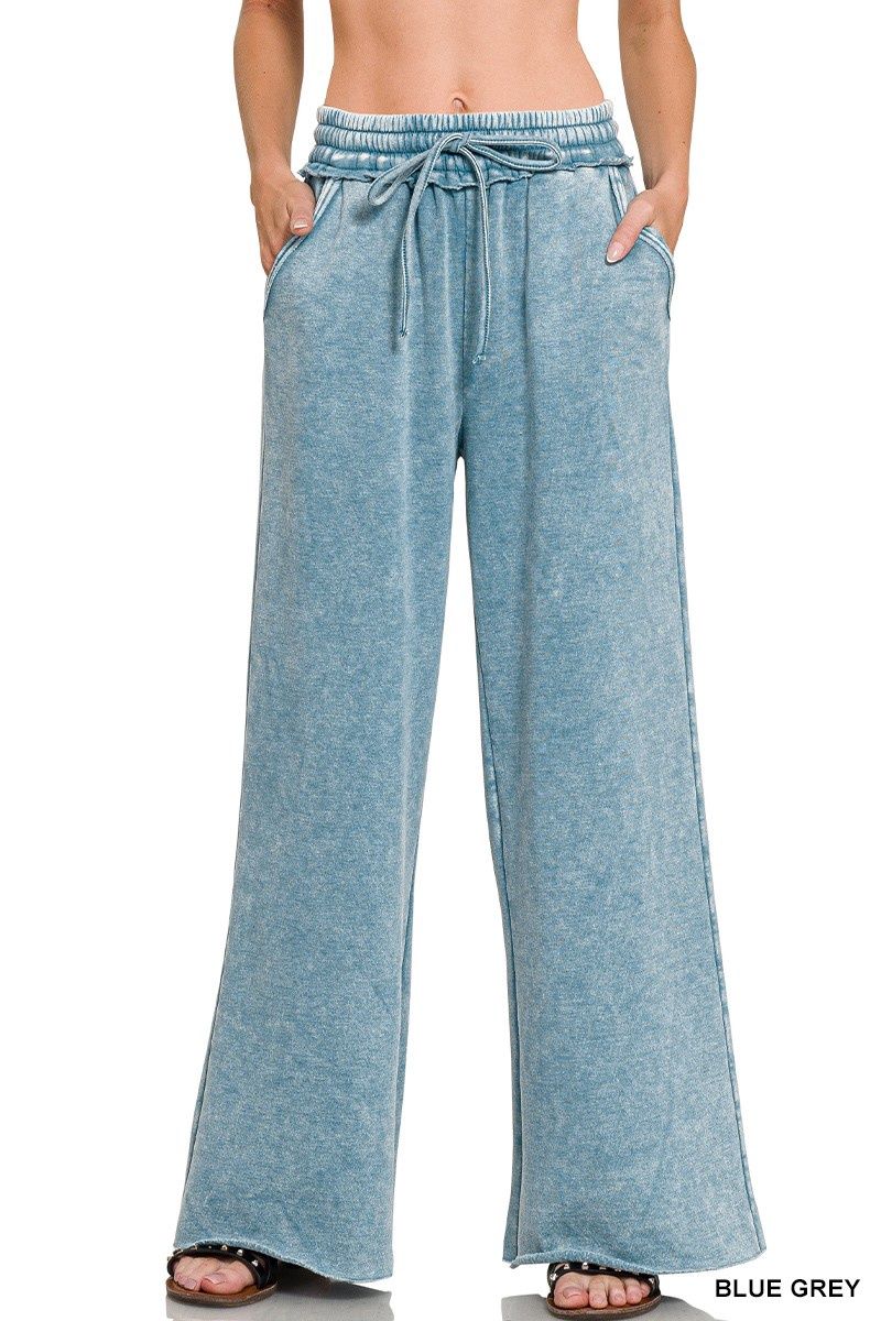 Blue Grey Acid Wash Fleece Palazzo Sweatpants with Pockets