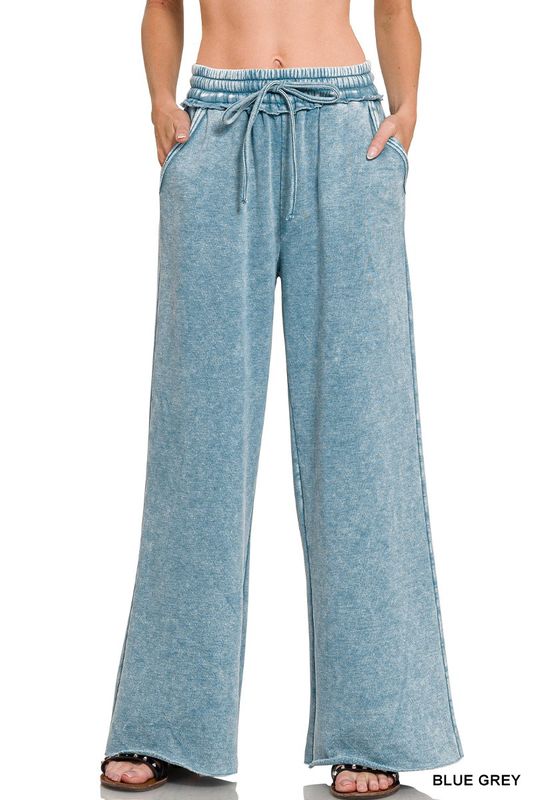 Blue Grey Acid Wash Fleece Palazzo Sweatpants with Pockets