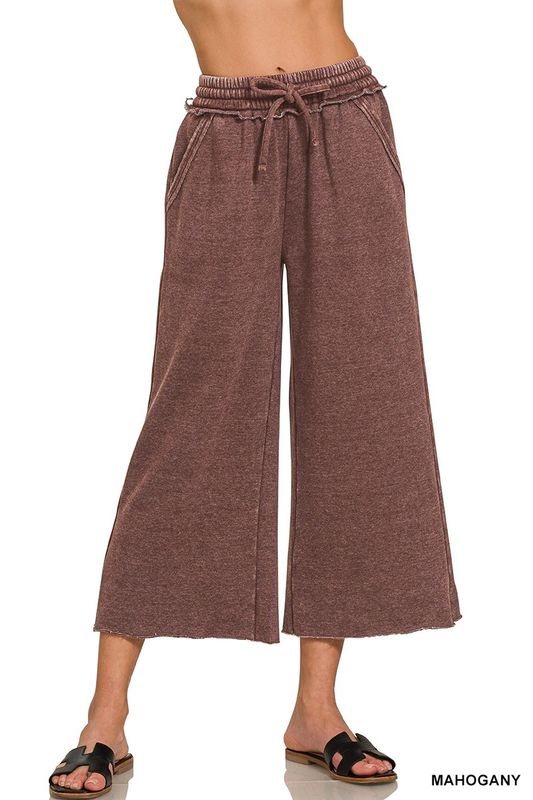 Mahogany Acid Wash Fleece Palazzo Sweatpants with Pockets