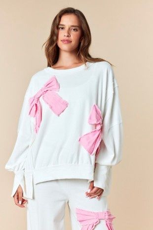 Frayed Twill Denim Bow Patches On Top Detailed French Terry