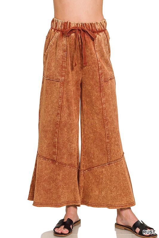 Acid Wash Fleece Palazzo Sweatpants with Pockets