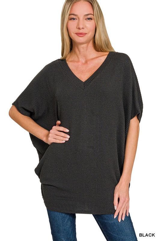 Raised Rib V-Neck Batwig Top