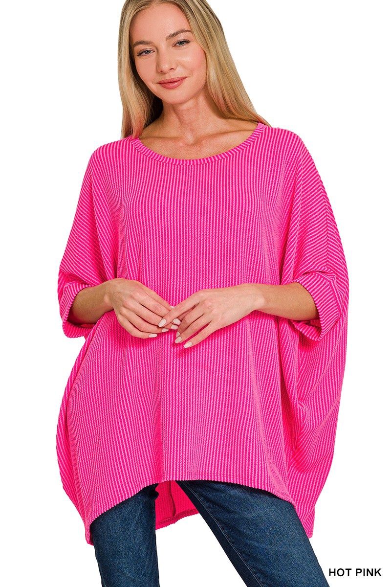 Raised Rib Bat Sleeve Top Scoop Neck