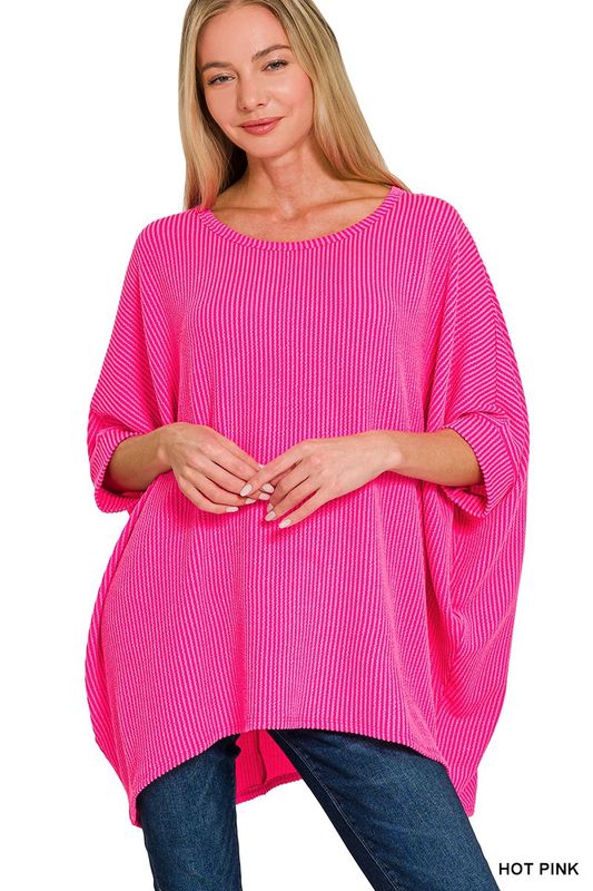 Raised Rib Bat Sleeve Top Scoop Neck