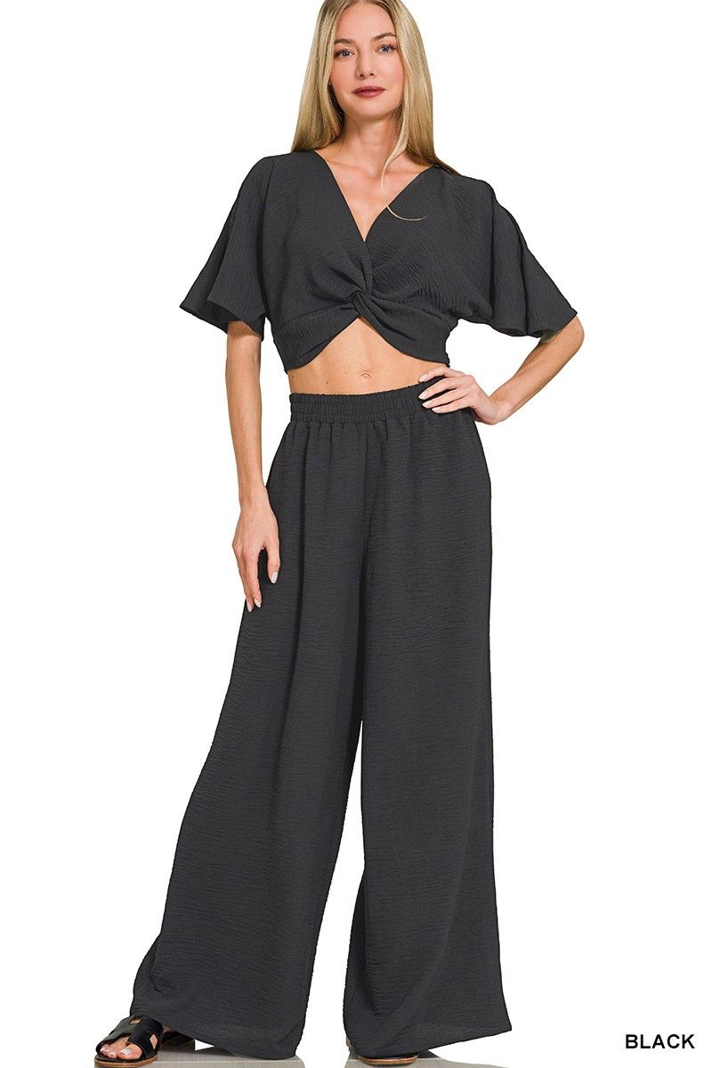 Woven Airflow Twisted Top &amp; Wide Leg Pants Set