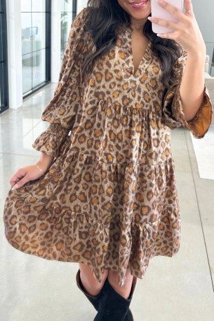 Leopard Ruffled Sleeve Tiered Loose Mini Dress