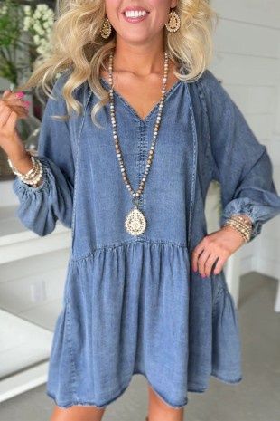 Puff Sleeve V Neck Ruffled Loose Denim Dress