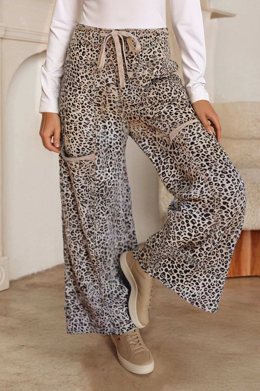 Animal Print Wide Leg Terry Knit Pants