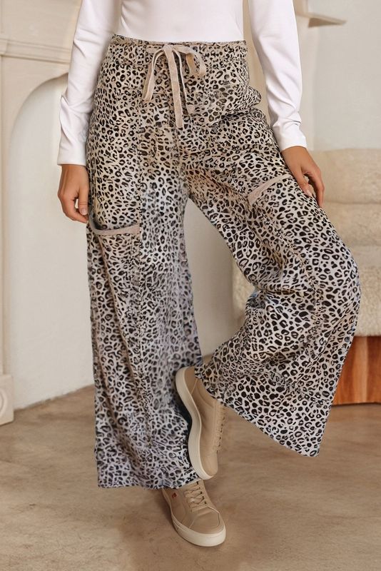 Animal Print Wide Leg Terry Knit Pants