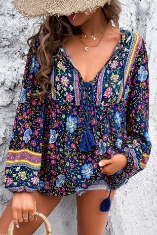 Bohemian Floral Print Tassel Tie Front Blouse