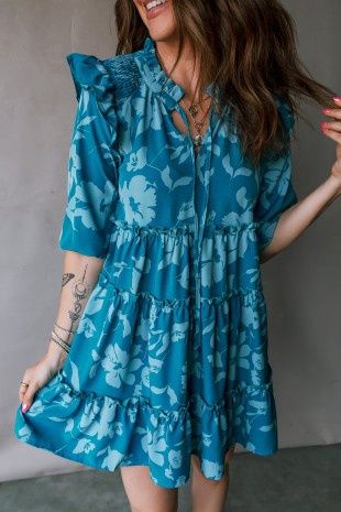 Flower Half Sleeve Tiered Ruffled Mini Dress