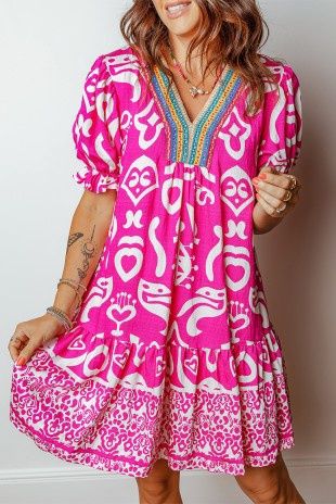 Mixed Contrast Trim Short Sleeve Flared Dress