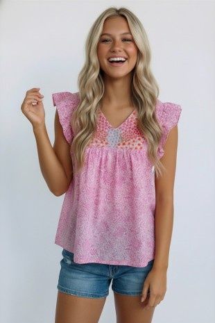 V- Neck Yoke Embroidery Floral Print Top