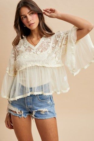 Floral Lace Flowy Bell Sleeve Top