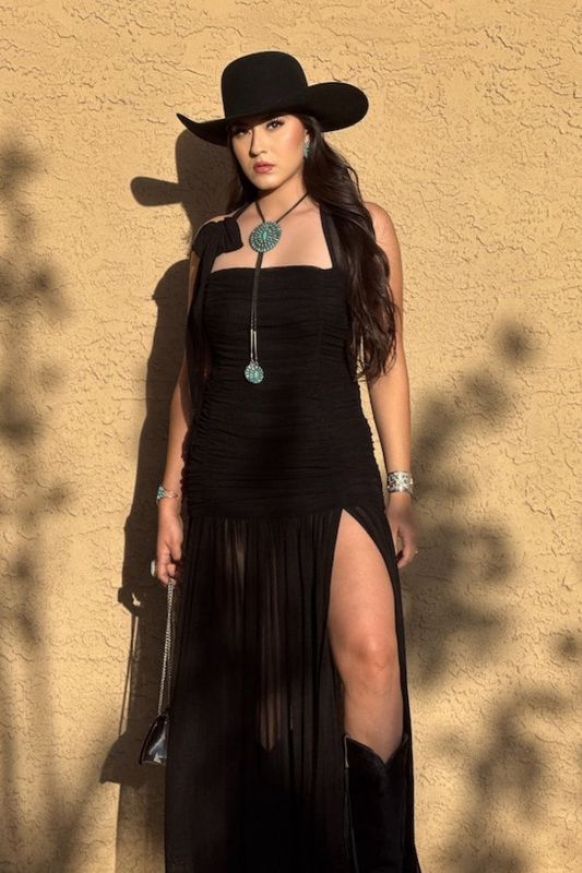 Black Ruche Halter Slit Hem Gathered Dress