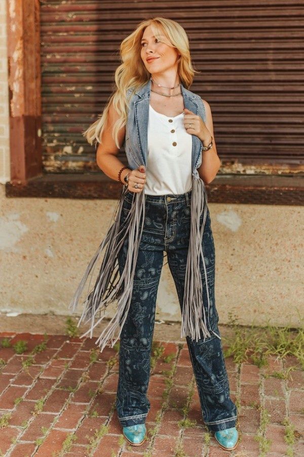 Stone Wash Denim Fringe Vest
